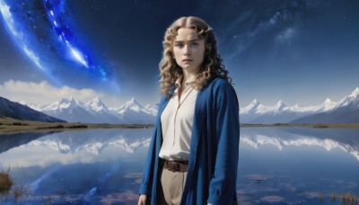 1girl,solo,long hair,looking at viewer,blue eyes,blonde hair,brown hair,shirt,long sleeves,jewelry,standing,white shirt,outdoors,parted lips,open clothes,sky,belt,pants,cloud,water,necklace,tree,lips,coat,night,wavy hair,star (sky),nature,night sky,scenery,snow,starry sky,reflection,curly hair,robe,mountain,fantasy,arms at sides,brown belt,planet,blue coat,lake,pine tree,pointy ears,realistic,landscape