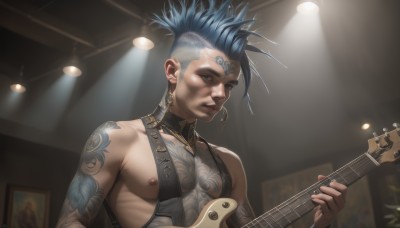 1girl,solo,breasts,short hair,bangs,1boy,holding,bare shoulders,jewelry,closed mouth,nipples,blue hair,collarbone,upper body,male focus,earrings,indoors,blurry,grey eyes,tattoo,blurry background,facial mark,piercing,instrument,ear piercing,music,nipple slip,guitar,arm tattoo,shoulder tattoo,undercut,playing instrument,holding instrument,electric guitar,mohawk,neck tattoo,dreadlocks,nose piercing,looking at viewer,blue eyes,shiny,pectorals,facial tattoo