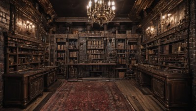 indoors,book,dutch angle,no humans,table,scenery,wooden floor,stairs,bookshelf,light,lamp,candle,shelf,library,ceiling,carpet,ceiling light,rug,chandelier,chair,door,clock,candlestand,cabinet,fireplace,loaded interior