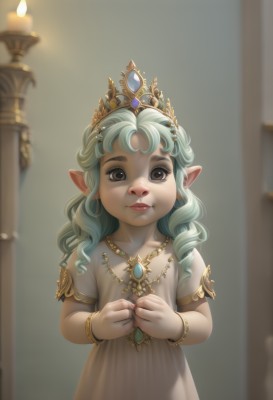 1girl,solo,long hair,looking at viewer,smile,dress,brown eyes,jewelry,closed mouth,upper body,short sleeves,green hair,pointy ears,indoors,necklace,white dress,blurry,flat chest,bracelet,lips,aqua hair,depth of field,blurry background,tiara,crown,gem,child,furry,pendant,curly hair,female child,candle,realistic