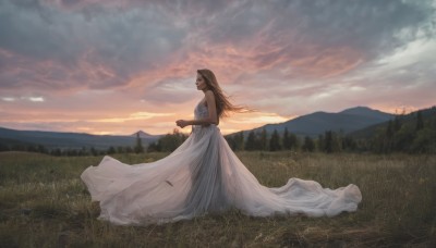 1girl,solo,long hair,breasts,blonde hair,brown hair,dress,holding,bare shoulders,standing,closed eyes,flower,outdoors,sky,sleeveless,cloud,white dress,blurry,from side,tree,see-through,profile,sleeveless dress,cloudy sky,grass,wind,nature,scenery,sunset,mountain,long dress,field,mountainous horizon,hill,smile,wedding dress,landscape