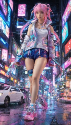 1girl,solo,long hair,breasts,looking at viewer,bangs,shirt,hair ornament,long sleeves,bare shoulders,jewelry,medium breasts,standing,jacket,full body,white shirt,pink hair,multicolored hair,outdoors,detached sleeves,open clothes,shoes,shorts,socks,pink eyes,necklace,open jacket,lips,legs,short shorts,thigh strap,night,white jacket,denim,ground vehicle,building,sneakers,motor vehicle,reflection,walking,blue shorts,denim shorts,city,realistic,pink footwear,car,road,street,puddle,cyberpunk,neon lights,sports car,gloves,holding,cleavage,purple eyes,parted lips,vest,two side up,watermark,science fiction,rain