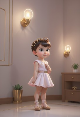 1girl,solo,looking at viewer,blush,smile,short hair,open mouth,brown hair,dress,brown eyes,standing,full body,teeth,sleeveless,belt,indoors,white dress,sandals,plant,hand on own chest,child,female child,potted plant,lamp,male child,black hair,parted lips,shoes,socks,black eyes,white socks,goggles,pink dress,goggles on head,light bulb