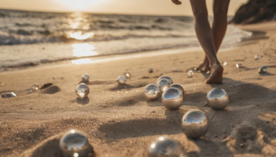 1girl, solo, standing, pantyhose, outdoors, water, blurry, feet, beach, sand, desert, footprints