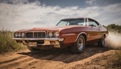 outdoors,sky,day,cloud,tree,no humans,cloudy sky,grass,ground vehicle,scenery,motor vehicle,car,road,vehicle focus,dust,wheel,sports car,truck,tire,solo,1boy,shadow,driving