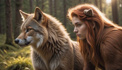 1girl,long hair,blue eyes,brown hair,animal ears,brown eyes,closed mouth,upper body,outdoors,day,orange hair,blurry,from side,tree,lips,profile,depth of field,blurry background,animal,nature,forest,freckles,realistic,nose,wolf,tiger,solo,hair ornament,red hair,sunlight