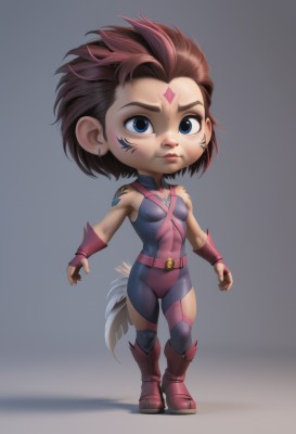 1girl,solo,breasts,looking at viewer,short hair,blue eyes,simple background,brown hair,gloves,bare shoulders,jewelry,closed mouth,standing,tail,full body,pink hair,multicolored hair,earrings,small breasts,boots,belt,fingerless gloves,grey background,chibi,armor,two-tone hair,lips,bodysuit,tattoo,facial mark,skin tight,forehead mark,asymmetrical clothes,shadow,feathers,red footwear,freckles,pink footwear,facial tattoo