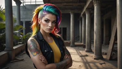 1girl,solo,long hair,breasts,looking at viewer,shirt,bare shoulders,brown eyes,jewelry,blue hair,jacket,upper body,ponytail,pink hair,purple hair,red hair,multicolored hair,earrings,parted lips,open clothes,sleeveless,day,artist name,signature,vest,two-tone hair,open jacket,lips,black jacket,sleeveless shirt,tattoo,makeup,watermark,piercing,crossed arms,sunlight,plant,lipstick,web address,personification,yellow shirt,hoop earrings,realistic,nose,arm tattoo,leather,shoulder tattoo,pillar,open vest,sleeveless jacket,leather jacket,mascara,column,rainbow hair,blonde hair,green hair,orange hair,eyeshadow,ruins