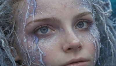 1girl,solo,looking at viewer,short hair,blue eyes,blonde hair,closed mouth,artist name,water,lips,grey eyes,eyelashes,watermark,portrait,web address,close-up,realistic,nose,blurry,freckles,eye focus