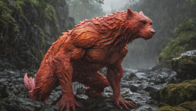 solo, red eyes, tail, outdoors, water, no humans, sharp teeth, all fours, nature, claws, rain, monster, rock, realistic, kaijuu