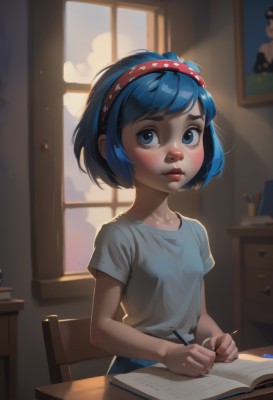 1girl,solo,breasts,looking at viewer,blush,short hair,bangs,blue eyes,shirt,holding,sitting,closed mouth,blue hair,collarbone,white shirt,upper body,short sleeves,hairband,small breasts,day,indoors,blurry,lips,book,window,swept bangs,chair,table,sunlight,polka dot,t-shirt,desk,open book,nose,red hairband,pen,pencil,drawing,holding pencil,aged down,child,web address,female child