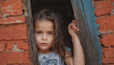 1girl,solo,long hair,looking at viewer,brown hair,shirt,brown eyes,closed mouth,white shirt,upper body,sleeveless,hand up,arm up,lips,messy hair,child,forehead,freckles,realistic,female child,wall,brick wall,holding,expressionless,t-shirt