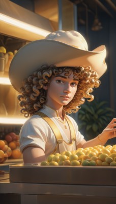 solo,looking at viewer,brown hair,shirt,1boy,hat,brown eyes,jewelry,closed mouth,white shirt,upper body,short sleeves,male focus,food,indoors,dark skin,necklace,blurry,lips,fruit,blurry background,curly hair,nose,cowboy hat,orange (fruit),1girl,smile,artist name,medium hair,bracelet,white headwear,watermark,plant