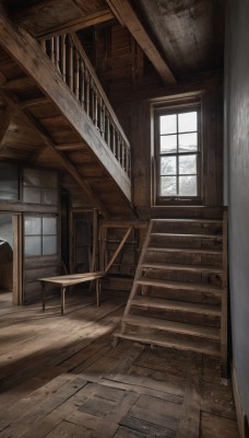 day,indoors,tree,no humans,window,chair,sunlight,scenery,wooden floor,stairs,door,railing,table,desk,ruins,wooden chair