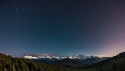 outdoors,sky,tree,no humans,night,grass,star (sky),nature,night sky,scenery,forest,starry sky,mountain,landscape,mountainous horizon,gradient sky,shooting star,cloud