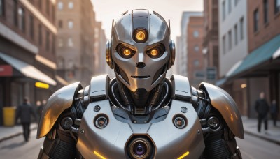 solo,looking at viewer,1boy,upper body,male focus,outdoors,multiple boys,solo focus,blurry,orange eyes,blurry background,glowing,robot,building,mecha,glowing eyes,science fiction,city,straight-on,humanoid robot,1girl,smile,open mouth,armor,portrait,android,street,cyberpunk