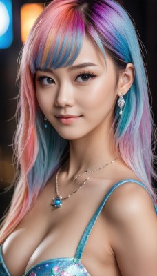 1girl,solo,long hair,breasts,looking at viewer,smile,bangs,large breasts,cleavage,bare shoulders,brown eyes,jewelry,medium breasts,closed mouth,underwear,blue hair,collarbone,swimsuit,upper body,pink hair,bikini,multicolored hair,earrings,necklace,bra,blurry,black eyes,two-tone hair,lips,eyelashes,gradient hair,makeup,blurry background,blue bikini,pendant,realistic,nose,strap gap,blue bra,purple hair,swept bangs,gem