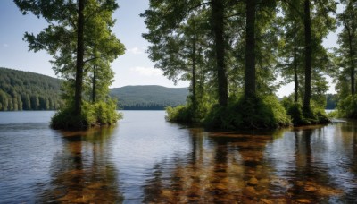 outdoors,sky,day,cloud,water,tree,blue sky,no humans,grass,nature,scenery,forest,reflection,mountain,bush,river,lake,reflective water,ocean,plant,landscape