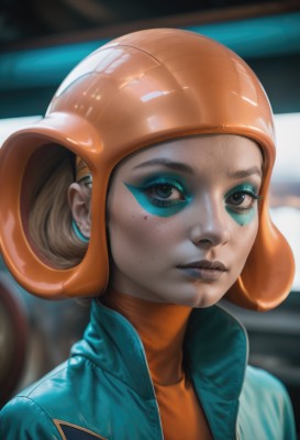 1girl,solo,looking at viewer,short hair,brown hair,shirt,brown eyes,jacket,upper body,parted lips,artist name,signature,blurry,black eyes,lips,eyelashes,bodysuit,makeup,blurry background,turtleneck,watermark,helmet,blue jacket,portrait,eyeshadow,freckles,realistic,nose,eyeliner,orange shirt,blue eyes,closed mouth,shiny,orange hair,lipstick,mascara