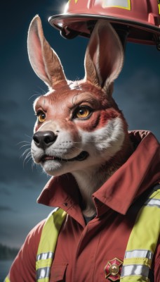 solo,shirt,1boy,animal ears,brown eyes,closed mouth,jacket,yellow eyes,upper body,male focus,outdoors,sky,collared shirt,cloud,rabbit ears,blurry,no humans,night,blurry background,animal,helmet,looking up,red shirt,red jacket,furry,1other,headwear removed,rabbit,realistic,furry female,furry male,body fur,badge,whiskers,clothed animal,patch,looking at viewer