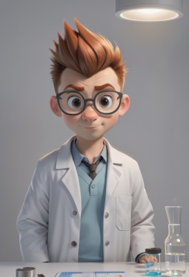 solo,looking at viewer,smile,short hair,simple background,brown hair,shirt,long sleeves,1boy,holding,brown eyes,closed mouth,upper body,male focus,necktie,glasses,collared shirt,indoors,thick eyebrows,blue shirt,spiked hair,child,black necktie,black-framed eyewear,labcoat,male child,test tube,grey background,vest,bottle,lamp