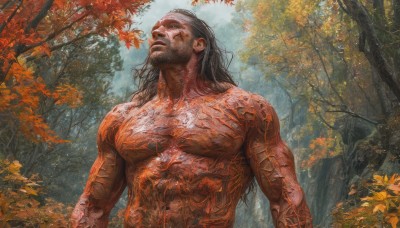 solo,long hair,black hair,1boy,closed mouth,upper body,male focus,outdoors,day,tree,tattoo,muscular,facial hair,leaf,scar,abs,pectorals,muscular male,nature,beard,forest,topless male,realistic,autumn leaves,manly,autumn,nude,sky,completely nude,from below,looking up