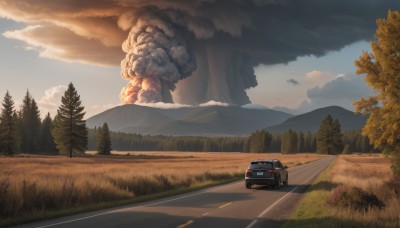 outdoors,sky,day,cloud,tree,no humans,cloudy sky,grass,ground vehicle,nature,scenery,motor vehicle,forest,smoke,mountain,dragon,car,road,vehicle focus,landscape,blue sky,bush,explosion