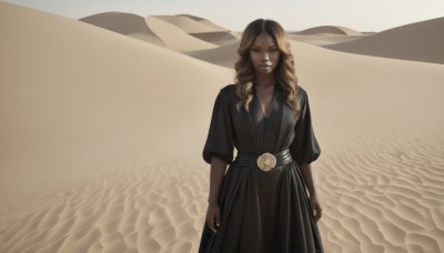 1girl,solo,long hair,breasts,looking at viewer,blonde hair,brown hair,dress,holding,cleavage,brown eyes,medium breasts,closed mouth,standing,collarbone,short sleeves,cowboy shot,outdoors,belt,dark skin,black dress,dark-skinned female,lips,curly hair,sand,arms at sides,desert