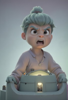 solo,looking at viewer,open mouth,shirt,gloves,1boy,brown eyes,upper body,grey hair,male focus,green hair,teeth,black eyes,robot,child,female child,male child,1girl,short hair,simple background,long sleeves,white shirt,collared shirt,artist name,watermark,thick eyebrows,web address,freckles,realistic