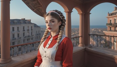 1girl,solo,long hair,brown hair,shirt,long sleeves,dress,brown eyes,upper body,braid,hairband,outdoors,sky,day,apron,twin braids,blue sky,lips,maid,maid headdress,building,red shirt,scenery,white apron,railing,red lips,bridge,balcony,breasts,looking at viewer,water,vest,buttons,sunlight,city,realistic,red vest,cityscape