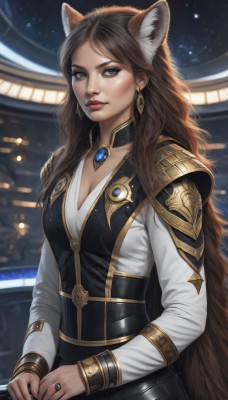 1girl,solo,long hair,breasts,looking at viewer,brown hair,shirt,long sleeves,animal ears,cleavage,brown eyes,jewelry,medium breasts,very long hair,white shirt,upper body,earrings,parted lips,choker,artist name,indoors,armor,mole,blurry,lips,animal ear fluff,makeup,blurry background,ring,lipstick,shoulder armor,gem,nose,red lips,bangs,dress,closed mouth,necklace,parted bangs,wolf ears,dog ears,realistic,wedding ring