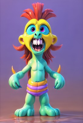 solo,long hair,smile,open mouth,simple background,1boy,standing,purple eyes,full body,male focus,red hair,shorts,teeth,tongue,pink eyes,water,no humans,saliva,colored skin,fangs,sharp teeth,claws,reflection,purple background,multicolored eyes,green skin,looking at viewer,red eyes,belt,artist name,watermark,wading,ripples,yellow skin