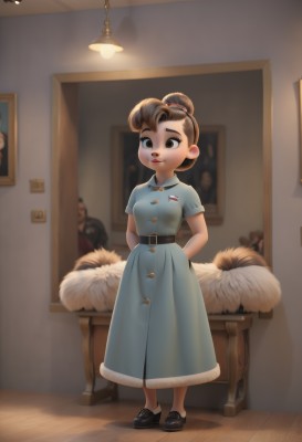 1girl,solo,breasts,looking at viewer,smile,short hair,brown hair,dress,brown eyes,closed mouth,standing,full body,short sleeves,shoes,solo focus,belt,artist name,indoors,hair bun,black footwear,lips,fur trim,buttons,blue dress,arms behind back,single hair bun,thick eyebrows,child,furry,black belt,wooden floor,collared dress,female child,lamp,old,wrinkled skin,bed,watermark,web address