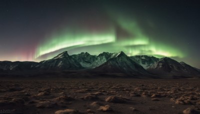 outdoors,sky,artist name,signature,blurry,no humans,night,star (sky),night sky,scenery,starry sky,rock,mountain,sand,landscape,mountainous horizon,aurora,watermark