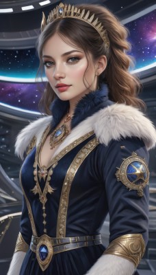 1girl,solo,long hair,breasts,looking at viewer,blue eyes,brown hair,long sleeves,dress,cleavage,brown eyes,jewelry,medium breasts,closed mouth,upper body,earrings,belt,necklace,lips,coat,fur trim,makeup,blue dress,tiara,crown,lipstick,gem,star (sky),pendant,realistic,nose,red lips,space,blue coat,bangs,ponytail,wavy hair,fur collar,emblem