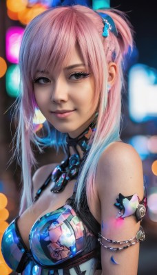 1girl,solo,long hair,breasts,looking at viewer,smile,bangs,hair ornament,cleavage,bare shoulders,jewelry,medium breasts,closed mouth,upper body,ponytail,pink hair,sidelocks,multicolored hair,earrings,blurry,black eyes,lips,grey eyes,gradient hair,makeup,blurry background,armlet,realistic,nose,blue hair,armor