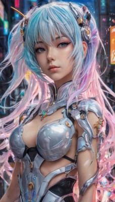 1girl,solo,long hair,breasts,looking at viewer,bangs,blue eyes,hair ornament,cleavage,medium breasts,blue hair,upper body,pink hair,multicolored hair,parted lips,armor,blurry,two-tone hair,lips,grey eyes,clothing cutout,bodysuit,gradient hair,makeup,blurry background,headgear,science fiction,realistic,nose,jewelry,closed mouth,outdoors,shiny,artist name,eyelashes,watermark,expressionless,arms at sides,cyberpunk