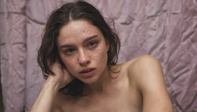 1girl,solo,long hair,looking at viewer,brown hair,black hair,brown eyes,upper body,nude,parted lips,blurry,black eyes,lips,blood,messy hair,freckles,realistic,teeth,grey eyes,portrait,veins,blood on face,dirty,dirty face