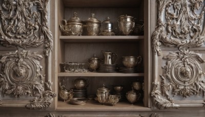 monochrome,cup,no humans,bottle,feathers,scenery,plate,teacup,spoon,teapot,saucer,statue,jar,still life,hourglass,indoors,plant,fantasy,sepia,painting (object)