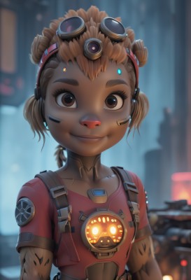 1girl,solo,looking at viewer,smile,short hair,brown hair,shirt,twintails,brown eyes,closed mouth,upper body,short sleeves,dark skin,hair bun,blurry,flat chest,dark-skinned female,lips,double bun,blurry background,robot,short twintails,goggles,ground vehicle,red shirt,child,motor vehicle,goggles on head,android,female child,collarbone,tattoo,glowing,t-shirt,backlighting,cyborg,cyberpunk