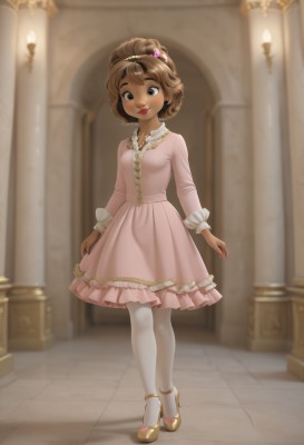 1girl,solo,breasts,looking at viewer,blush,smile,short hair,brown hair,hair ornament,long sleeves,dress,brown eyes,jewelry,closed mouth,standing,collarbone,full body,pantyhose,hairband,small breasts,frills,shoes,indoors,dark skin,necklace,blurry,high heels,dark-skinned female,lips,makeup,blurry background,frilled dress,lipstick,child,pink dress,white pantyhose,curly hair,arms at sides,red lips,female child,yellow footwear,very dark skin,bangs,bow,hair bow,heart,artist name,freckles,heart hair ornament,pink footwear