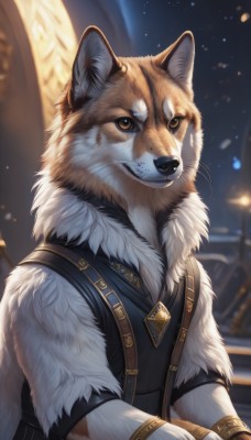 solo,looking at viewer,shirt,1boy,brown eyes,jewelry,closed mouth,yellow eyes,upper body,male focus,outdoors,artist name,signature,necklace,blurry,vest,black shirt,no humans,night,blurry background,animal,furry,colored sclera,dog,black vest,furry male,animal focus,white fur,whiskers,brown fur,fluffy,grey fur,teeth,fur trim,watermark,fur collar,wolf