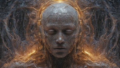 solo,1boy,closed mouth,closed eyes,male focus,artist name,tree,glowing,halo,portrait,facing viewer,realistic,alien,looking at viewer,armor,helmet,white eyes,gold