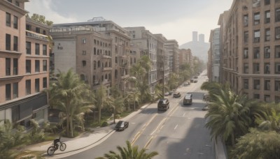 outdoors,sky,day,cloud,tree,no humans,window,shadow,plant,ground vehicle,building,scenery,motor vehicle,city,car,potted plant,road,bush,cityscape,house,lamppost,street,bicycle,cloudy sky,grass