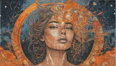 1girl,solo,long hair,looking at viewer,brown hair,black hair,parted lips,teeth,orange hair,black eyes,lips,floating hair,traditional media,portrait,star (sky),fish,underwater,painting (medium),surreal,goldfish,short hair,lying,grey eyes,makeup,half-closed eyes,lipstick,constellation,orange theme,black lips