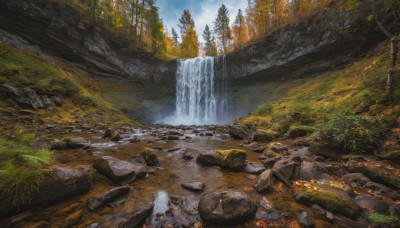 outdoors, sky, day, cloud, water, tree, no humans, nature, scenery, forest, rock, river, waterfall