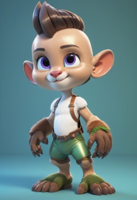 solo,smile,simple background,brown hair,shirt,1boy,animal ears,standing,purple eyes,full body,white shirt,male focus,shorts,teeth,belt,artist name,blue background,suspenders,claws,furry,furry male,male child,green shorts,brown fur,looking at viewer,jewelry,barefoot,gradient,brown belt,mohawk