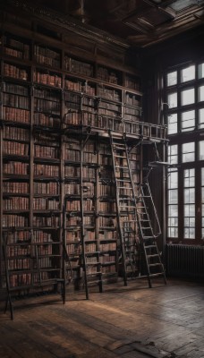 indoors,book,no humans,window,chair,sunlight,scenery,light rays,wooden floor,stairs,railing,bookshelf,shelf,library,ceiling,ladder,1girl,solo