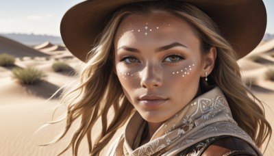 1girl,solo,long hair,looking at viewer,smile,blonde hair,brown hair,hat,brown eyes,jewelry,closed mouth,earrings,outdoors,parted lips,day,blurry,lips,blurry background,portrait,freckles,realistic,nose,sand,cowboy hat,desert,sky,eyelashes,depth of field,facial mark,wind,close-up,forehead,mountain,forehead mark,brown headwear,cowboy western