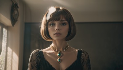 1girl,solo,breasts,looking at viewer,short hair,bangs,blue eyes,brown hair,dress,cleavage,jewelry,collarbone,upper body,parted lips,indoors,necklace,blurry,black dress,lips,window,blurry background,sunlight,bob cut,realistic,nose,black hair,medium breasts,teeth,see-through,depth of field,thick eyebrows,gem,portrait,pendant,backlighting,freckles